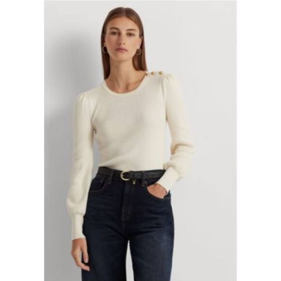 Lauren Ralph Lauren Sweaters - Lauren Ralph Lauren Sweater Womens XL Button Trim Ribbed Gold Ivory Puff Sleeve